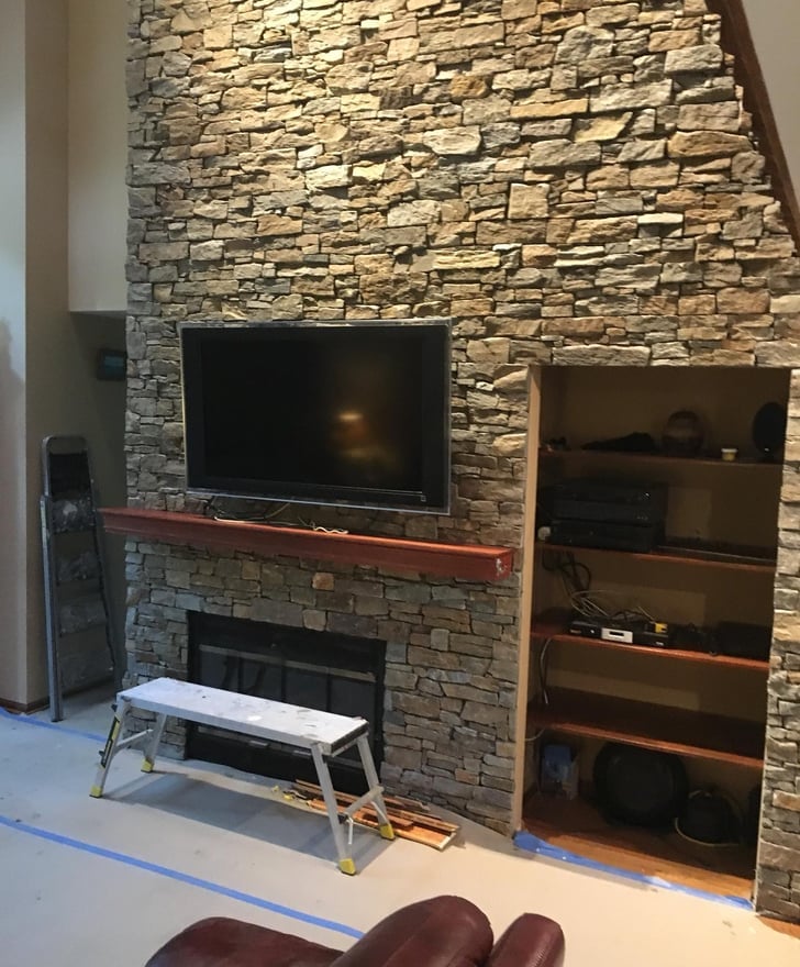Custom stone tile fireplace design Custom stone tile fireplace design